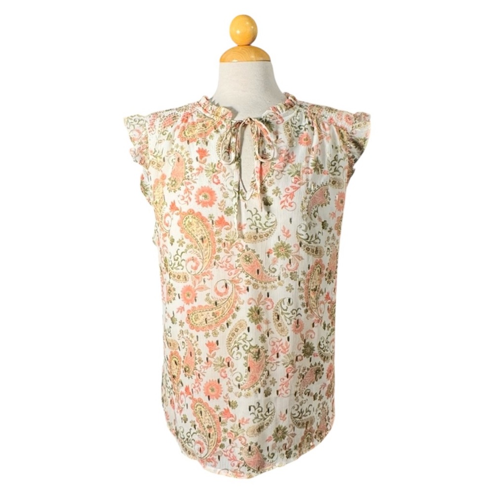 Women's Paisley Tie-Neck Cap Sleeve Blouse - Coral/Gold/Green